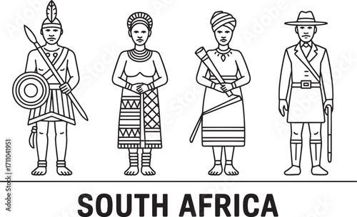 South Africa Traditional Clothing Line Art Illustration Depicting Cultural Heritage and National Identity