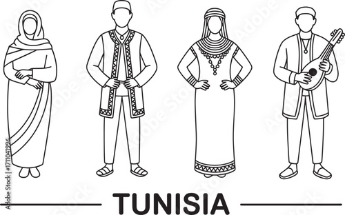 Tunisian Traditional Clothing Line Art Vector Illustration Depicting Cultural Heritage and Identity
