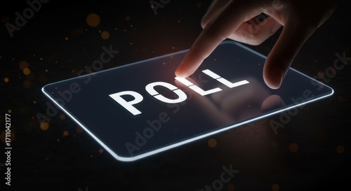 Finger pressing 'POLL' button on a digital screen, representing the act of voting or conducting a survey