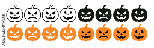 Halloween pumpkin faces spooky funny expressions black orange isolated. Pumpkin scary smile emotion