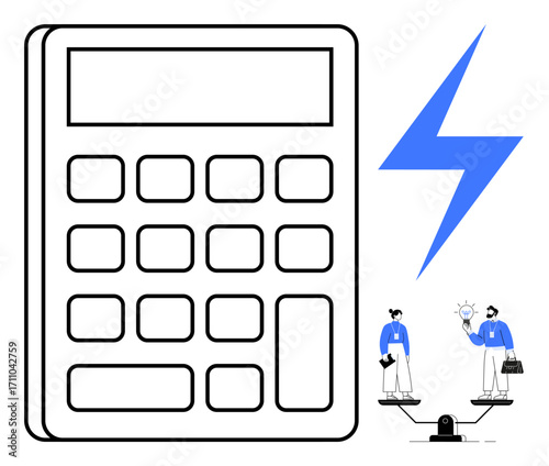 Oversized calculator, lightning bolt, and two businesspeople on a scale with a lightbulb and documents. Ideal for productivity, innovation, teamwork, problem-solving, decision-making, balance