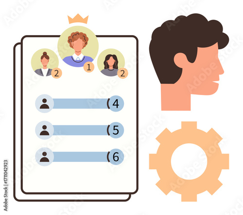Team leaderboard with members ranked by scores, profile stats, head silhouette, and gear for teamwork. Ideal for leadership, competition, organization, collaboration, decision-making management