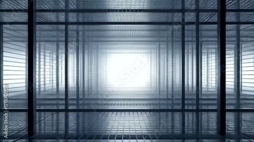 A perspective view of a metallic gridded tunnel.