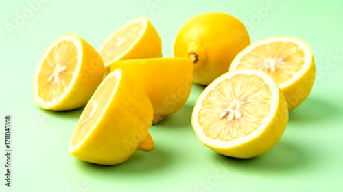 Freshly cut lemons arranged on a mint green surface, showcasing vibrant citrus hues and a close-up view of their juicy interior.