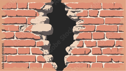 Brick wall background with a large crack. Cracked Brick wall. Damaged Wall Background. Vector illustration.  