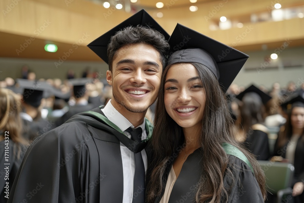 Fototapeta premium Two happy students smiling at graduation ceremony
