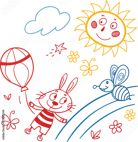 A fun little girl happily plays with a ball as a cute cartoon rabbit decoration with a flower and butterfly pattern sits on a gift box