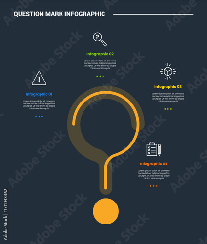 Question mark infographic process diagram with big center with shadow transparent with dark background bright outline style 4 points