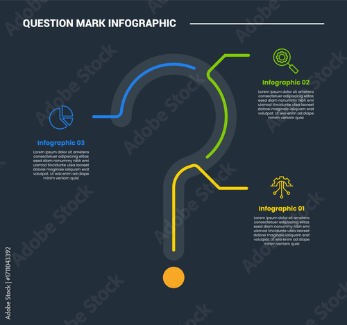 Question mark infographic process diagram with separated sign with line pointer with dark background bright outline style 3 points