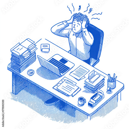 Blue sketch illustration of a frustrated employee at a cluttered desk, holding head in stress, surrounded by files and documents.
