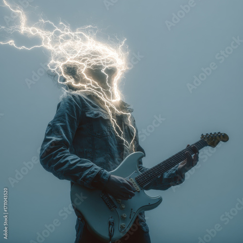 Dramatic digital artwork of a rock guitarist playing passionately, silhouetted against a stormy sky with powerful lightning and electric energy.
