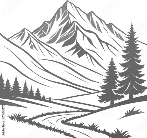 A scenic winter landscape with snow-covered fir trees on a mountain, perfect for a Christmas holiday illustration