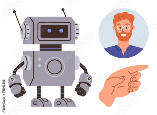 Boxy robot with antennas, smiling man with glasses in circular frame, and pointing hand gesture. Ideal for technology, AI, robotics, human-computer interaction, creativity, teamwork communication
