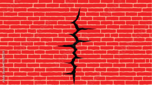 Brick wall background with a large crack. Cracked Brick wall. Damaged Wall Background. Vector illustration.  