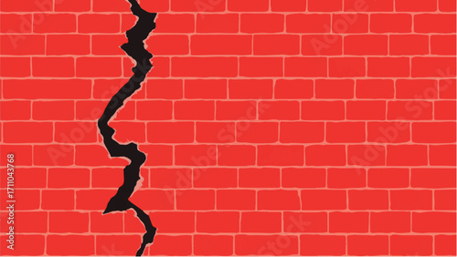 Brick wall background with a large crack. Cracked Brick wall. Damaged Wall Background. Vector illustration.  