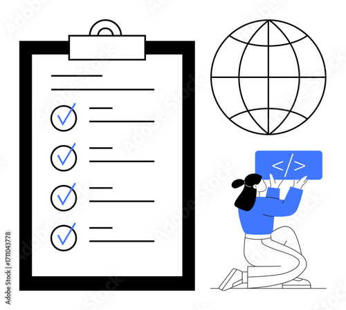 Task checklist with checkmarks, globe symbol, programmer holding code block. Ideal for project management, productivity, global collaboration, coding, development, workflow optimization simple