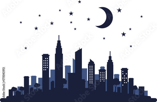 Dark silhouette of a modern city skyline at night with moon and stars.