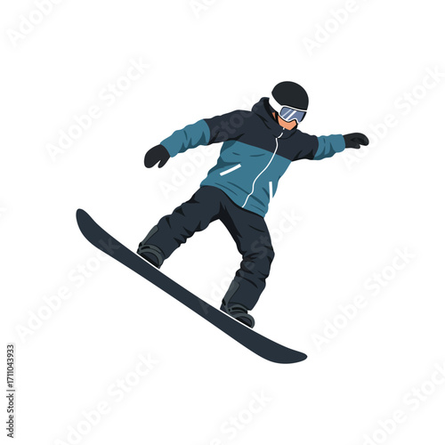 Dynamic action shot of a snowboarder jumping in the air isolated on a white background.