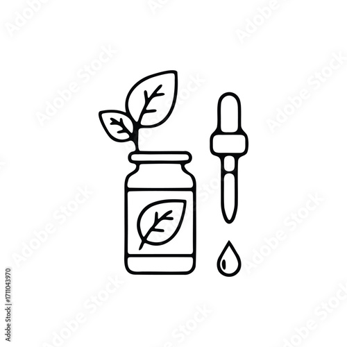 Essential oil bottle with dropper and leaves for natural remedies.