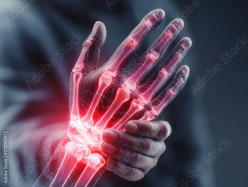 Digital visualization of a person holding their hand in pain, highlighting bones and joints with red inflammation and X-ray effect.
