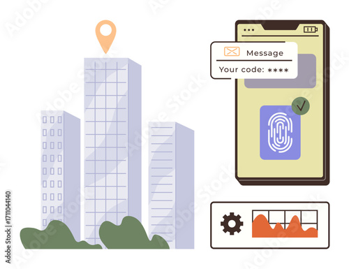 Smartphone with security features thumbs up fingerprint scan and code verification, a cityscape with buildings and a location pin, and a graph chart with a gear icon. Ideal for authentication
