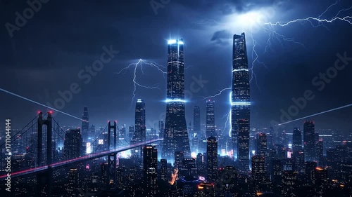 A futuristic metropolis, illuminated by city lights, is struck by powerful lightning, with a sleek spacecraft flying overhead.