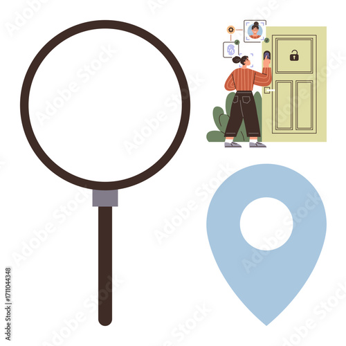 Magnifying glass, blue map pin, and woman using facial recognition for secure door access. Ideal for security, technology, privacy, navigation, identity digital access safety. Simple flat metaphor