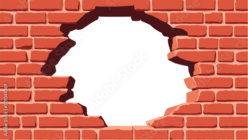 Broken Brick wall with white Hole. A Brick wall with a large hole in the center. Vector Illustration.