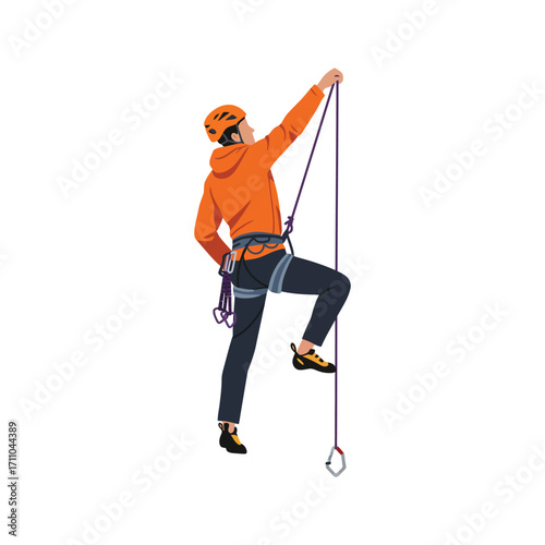 Rock Climber in Orange Climbing Gear.