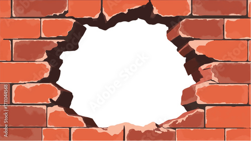 Broken Brick wall with white Hole. A Brick wall with a large hole in the center. Vector Illustration.