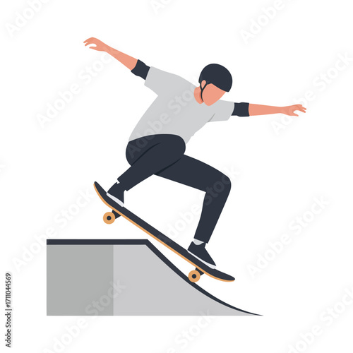 Skateboarder performing a trick on a ramp with arms outstretched for balance.