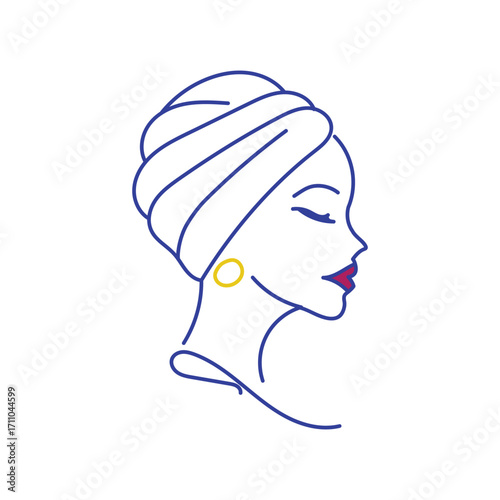 Elegant line art of a woman wearing a headscarf and hoop earring, profile view drawing