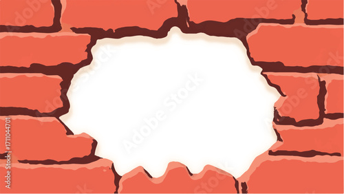 Broken Brick wall with white Hole. A Brick wall with a large hole in the center. Vector Illustration.