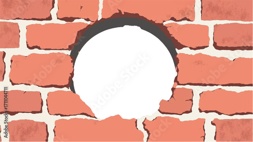 Broken Brick wall with white Hole. A Brick wall with a large hole in the center. Vector Illustration.