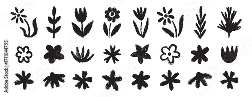 Grunge trendy doodle flowers leaves set. Hand drawn brush flowers crayon, chalk texture. Flowers textured collection