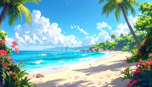 A vibrant tropical beach scene, showcasing lush greenery, a tranquil ocean, and vibrant pink flowers, bathed in warm sunlight.