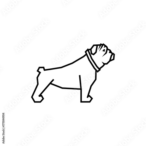 A minimalist line art illustration of a bulldog standing proudly with a collar around its neck.
