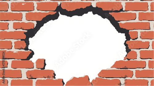 Broken Brick wall with white Hole. A Brick wall with a large hole in the center. Vector Illustration.