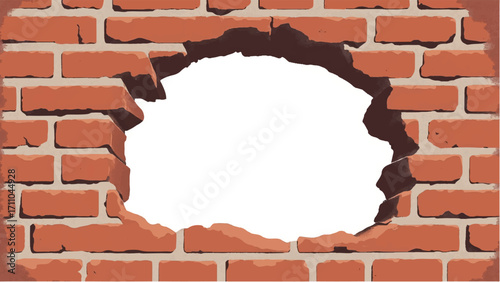 Broken Brick wall with white Hole. A Brick wall with a large hole in the center. Vector Illustration.