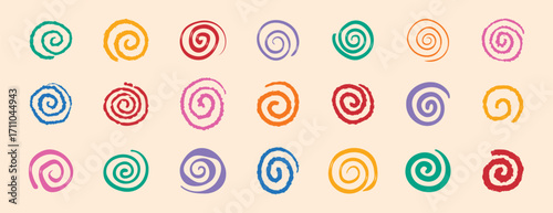 colorful spirals hand drawn swirl circle doodle hand drawn set. funny cute rainbow spirals.