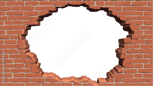 Broken Brick wall with white Hole. A Brick wall with a large hole in the center. Vector Illustration.
