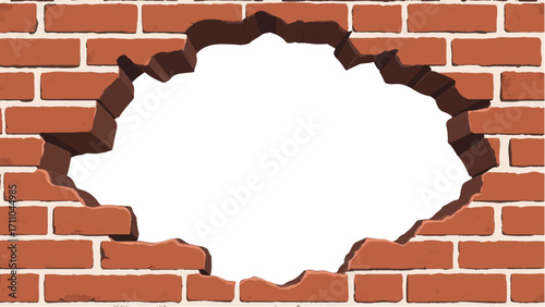 Broken Brick wall with white Hole. A Brick wall with a large hole in the center. Vector Illustration.
