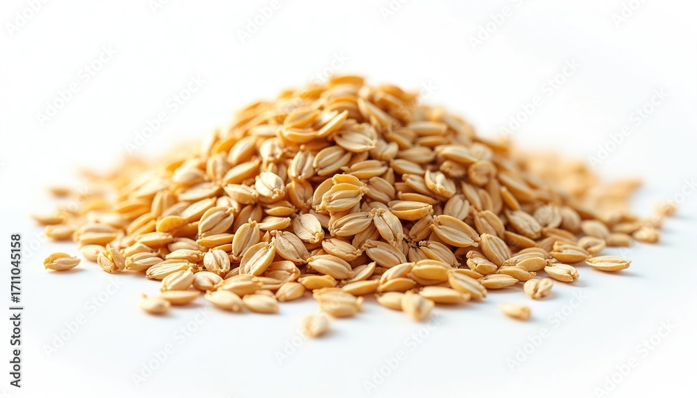 Obraz premium Golden oat grains pile on white background. Oats are nutritious food. Oat grain is rich in fiber and vitamins. Healthy eating and sustainable agriculture concept.