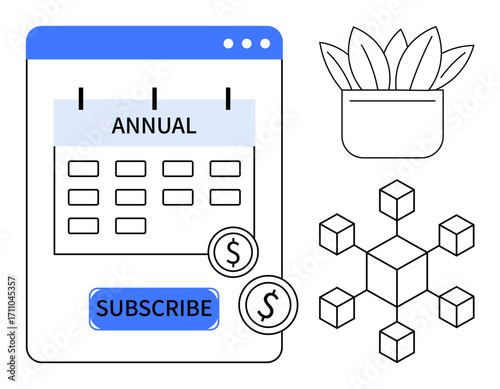 Annual calendar marked for subscription, payment coins, cube network, and potted plant. Ideal for finance, subscription models, planning, networking, e-commerce productivity simple flat metaphor