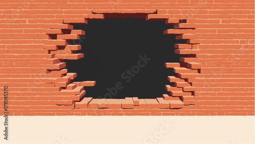 Brick wall with large black hole And jagged edges. Hole in a brick wall. Vector Illustration.