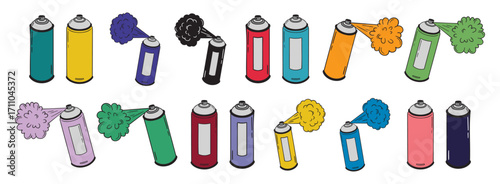 spray paint colorful can doodle hand drawn icon set. Outline drawing spray paint can different colors line clipart symbol collection