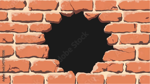 Brick wall with large black hole And jagged edges. Hole in a brick wall. Vector Illustration.