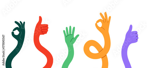 Cartoon hand up finger vector flat ok sign. Hand gesture modern different palm hand human isolated