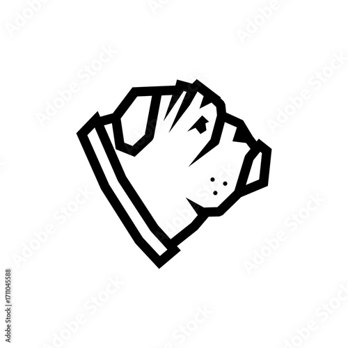 A stylized black and white line art icon of a dog's head, possibly a pit bull or bulldog, depicted in a bold, geometric style.