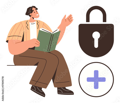 Man holding book, gesturing with hand, large lock, and plus sign representing knowledge, security, and addition. Ideal for education, privacy, collaboration learning growth support